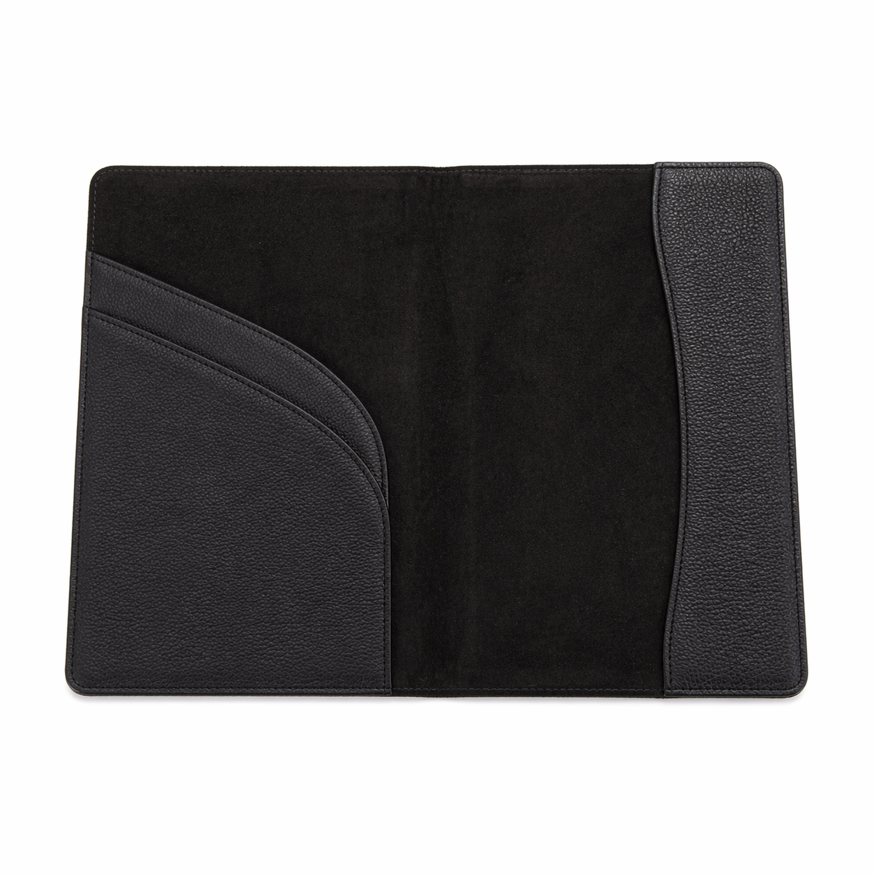 Intérieur du carnet de notes Tarz Noir Biyadi Collection avec couverture en cuir véritable, doublure en suédine noire et pochettes de rangement.
