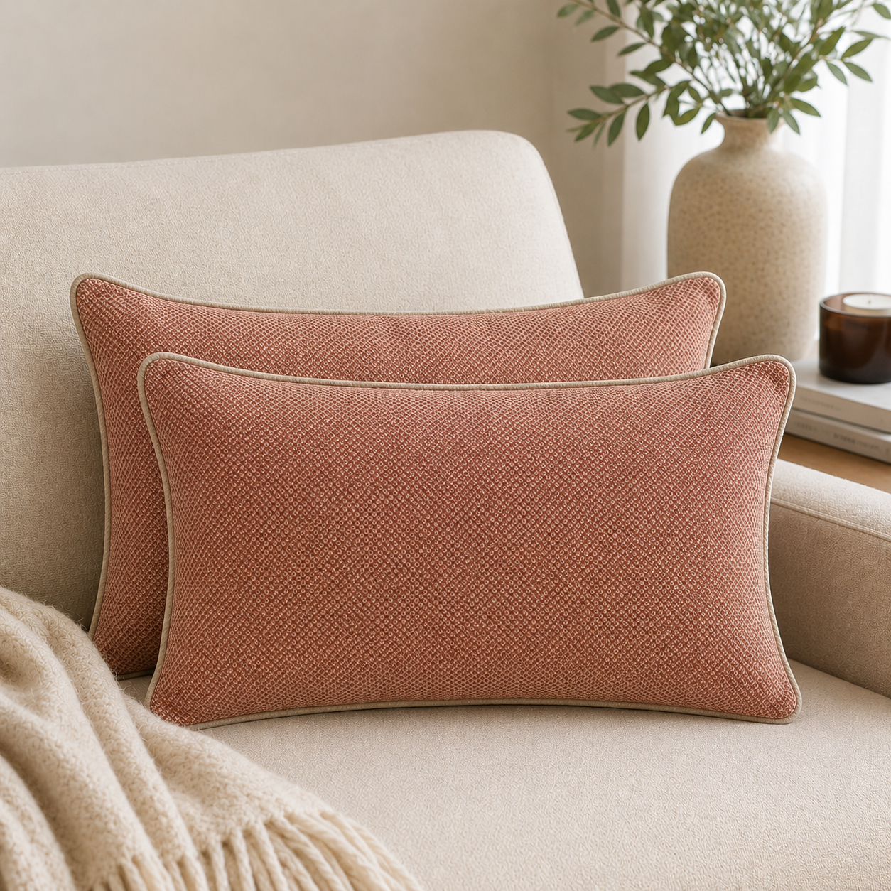 Lot de coussins rectangulaires terracota  texturés sur fauteuil beige dans une ambiance élégante et chaleureuse, style décoration intérieure moderne.