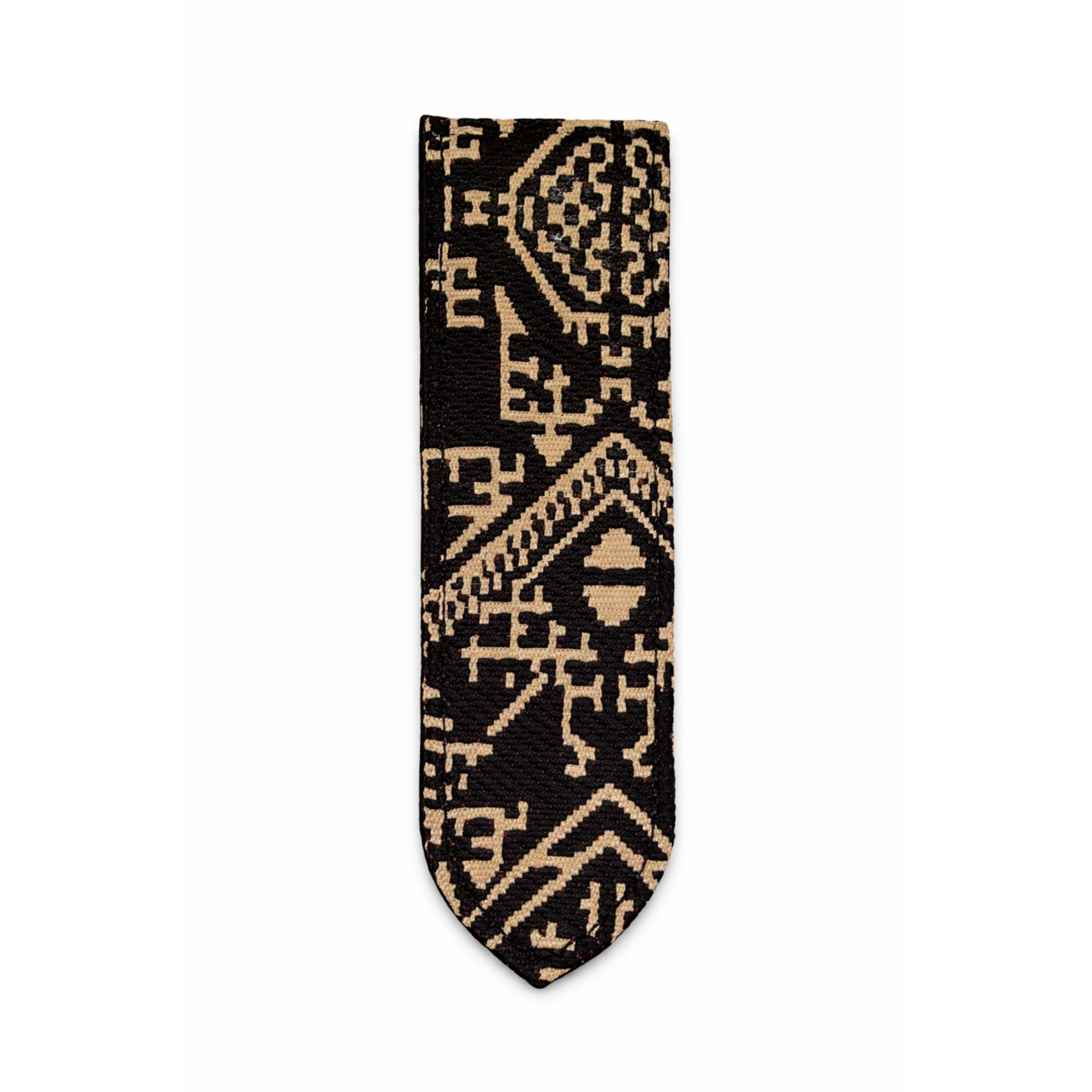 Marque-page en tissu Tarz noir et beige tissé au Maroc avec motifs géométriques – Biyadi Collection