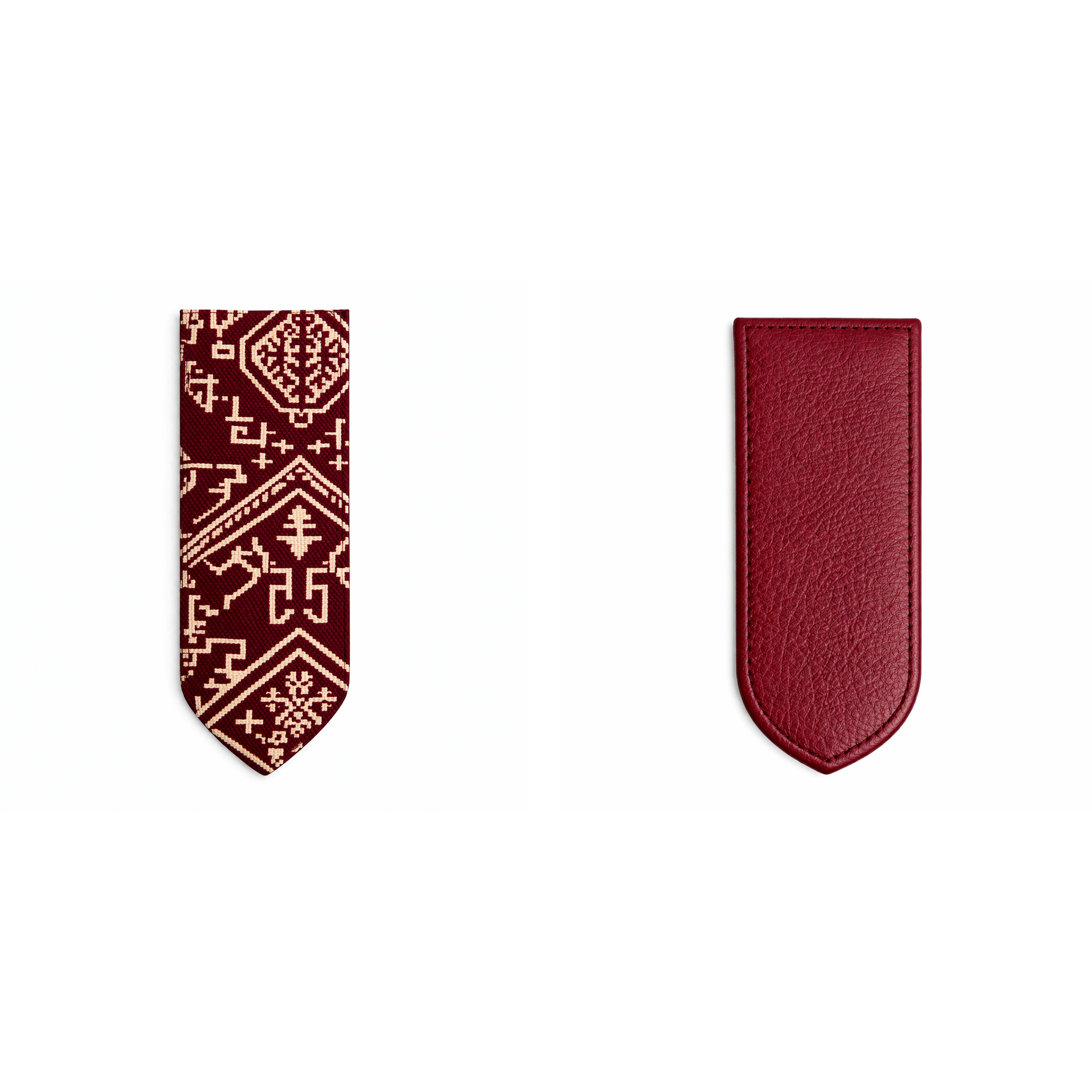 Marque-page réversible en tissu Tarz rouge à motifs géométriques et cuir rouge, présenté recto verso sur fond blanc.