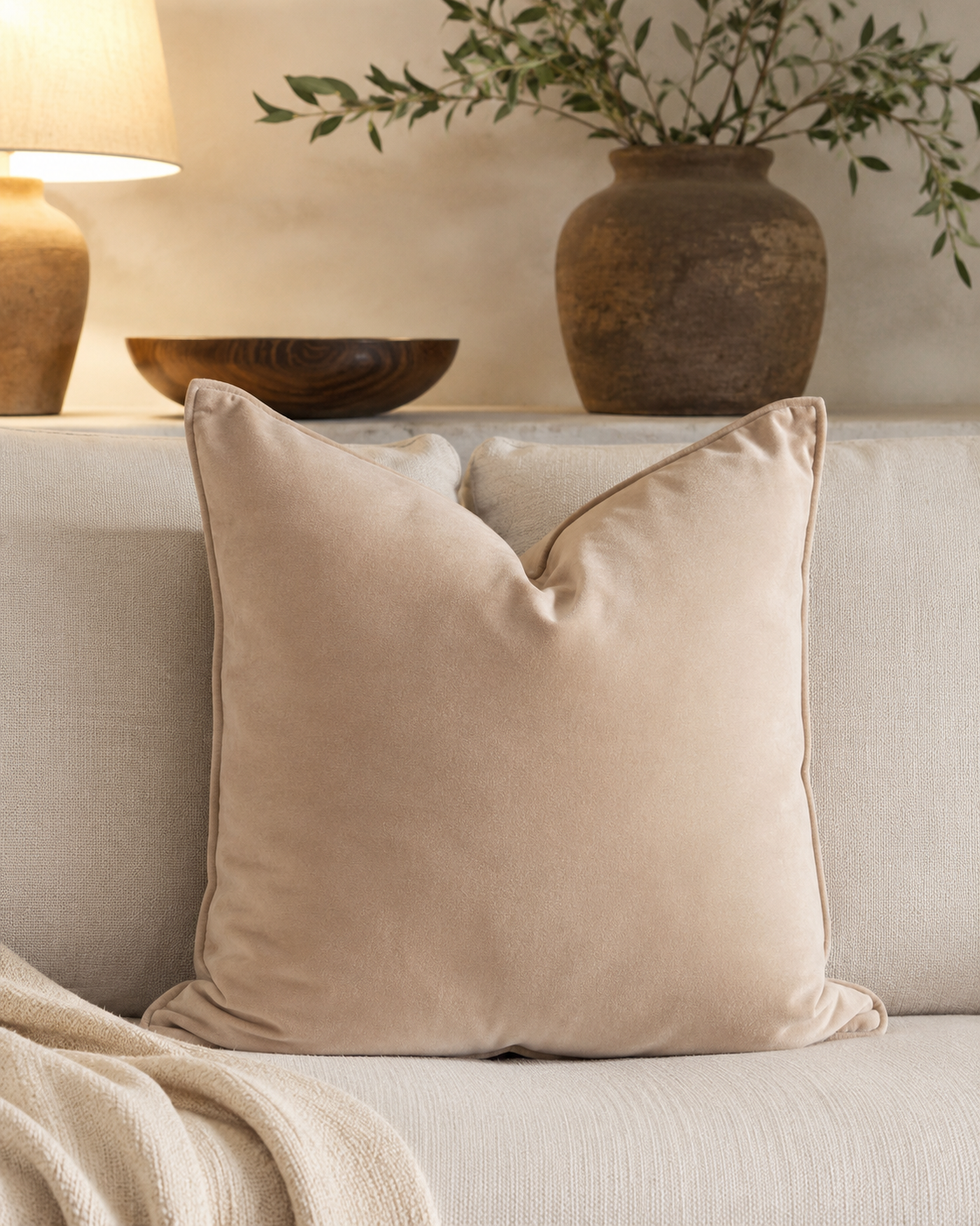 Coussin décoratif en velours taupe dans une ambiance salon élégante et minimaliste avec décoration aux tons naturels et chaleureux.
