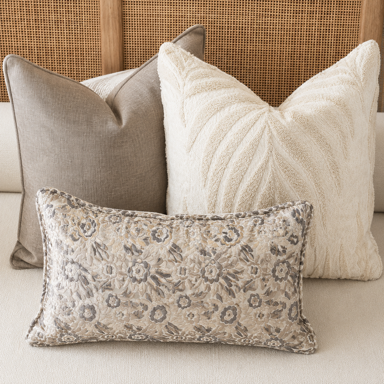 Composition de coussins décoratifs beige et taupe avec textures bouclette et motif floral tissé, ambiance élégante et chaleureuse.