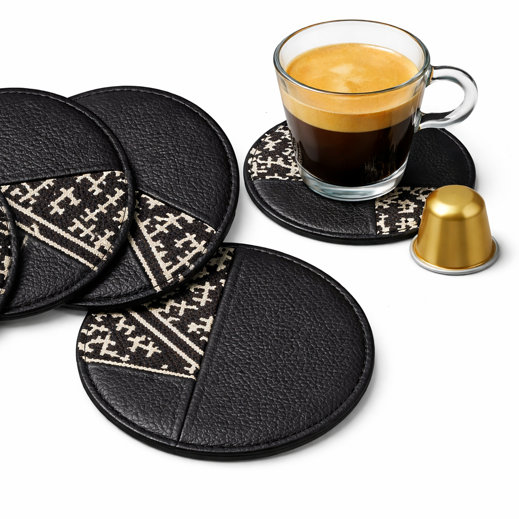 Pack de cinq sous-tasses rondes noires en cuir et tissu Tarz à motifs écrus, présenté avec une tasse de café.