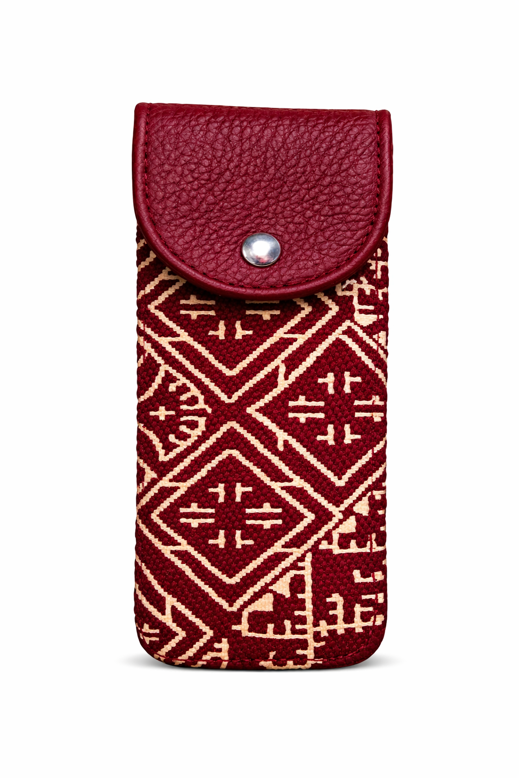 Pochette à stylos bordeau en cuir et tissu Tarz à motifs géométriques écrus, avec fermeture à bouton-pression.