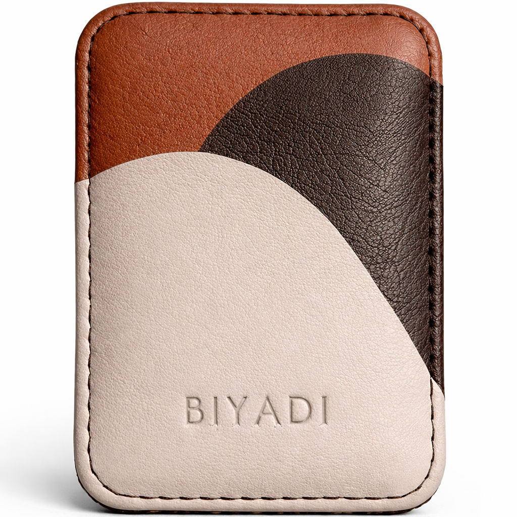 Porte-cartes en cuir beige, marron et cognac Biyadi Collection, design élégant et compact, idéal pour organiser cartes bancaires et cartes de visite avec style.