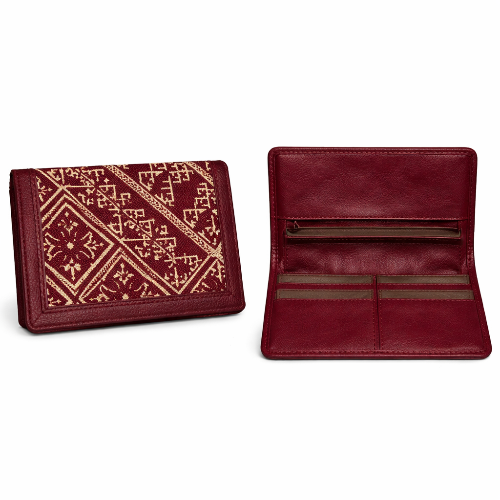 Porte-chéquier bordeaux en tissu marocain avec vue extérieure et intérieure, compartiments pour cartes et poche zippée - Biyadi Collection