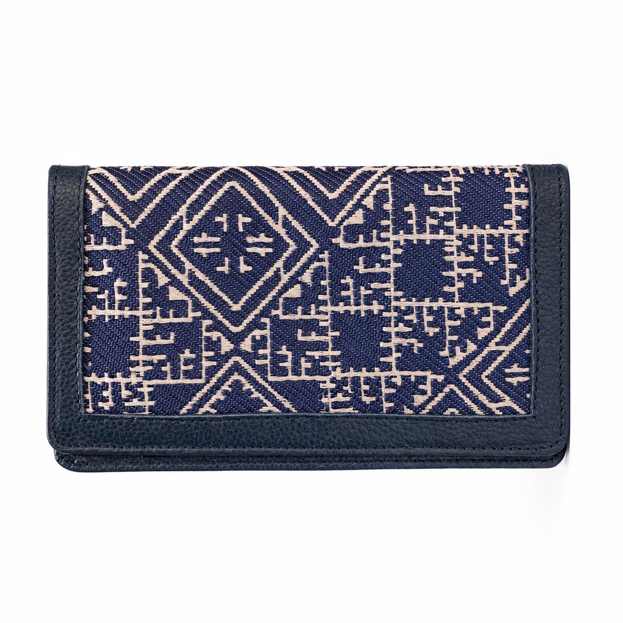 Porte-chéquier en tissu marocain bleu marrine et beige avec finitions en cuir noir - Biyadi Collection