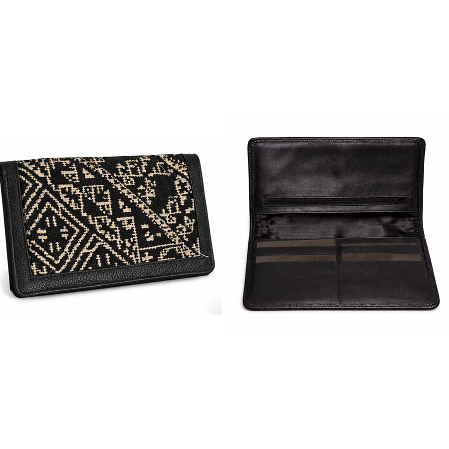 Porte-chéquier noir en tissu marocain avec vue extérieure et intérieure, compartiments pour cartes et poche zippée - Biyadi Collection