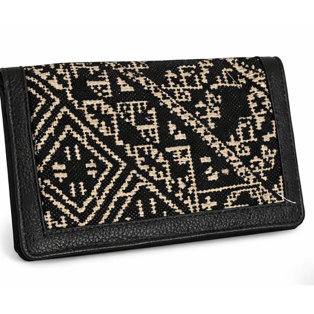 Porte-chéquier en tissu marocain noir et beige avec finitions en cuir noir - Biyadi Collection