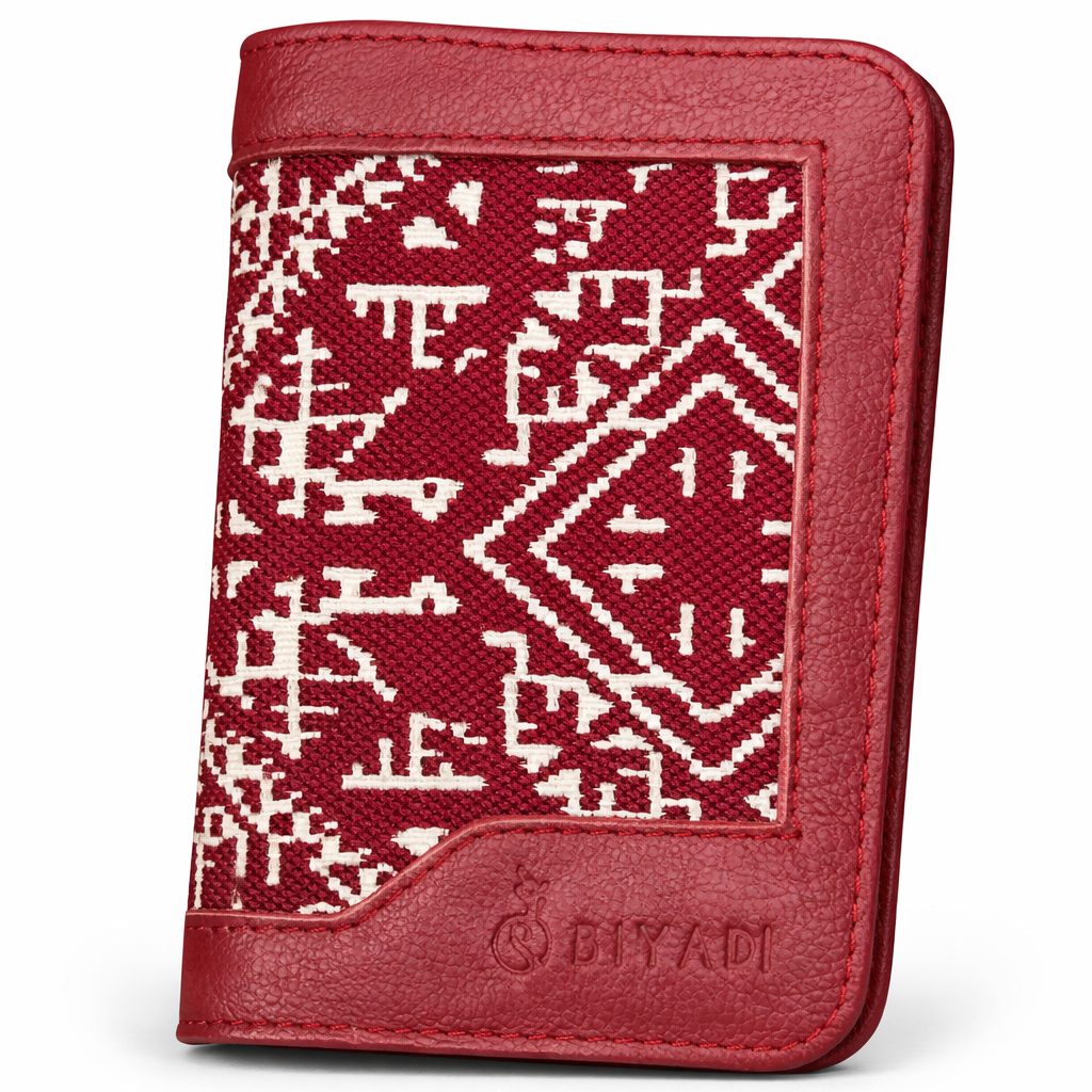 Porte-passeport bordeau en tissu marocain tissé avec finitions en cuir noir - Biyadi Collection
