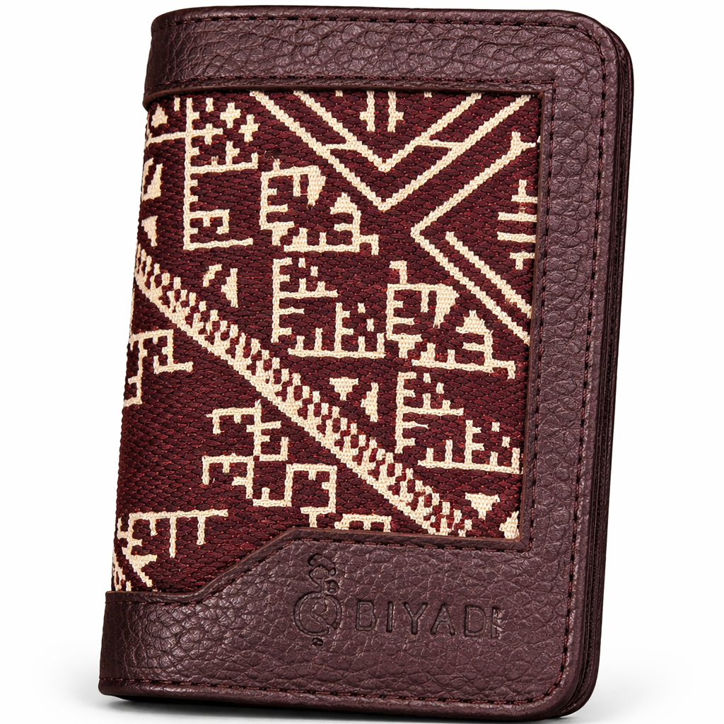 Porte-passeport burgundy en tissu marocain tissé avec finitions en simili cuir noir - Biyadi Collection