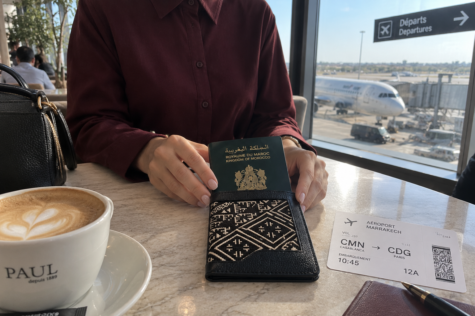 Porte-passeport marocain Biyadi noir en tissu tissé, présenté dans une ambiance de voyage à l’aéroport avec passeport marocain.