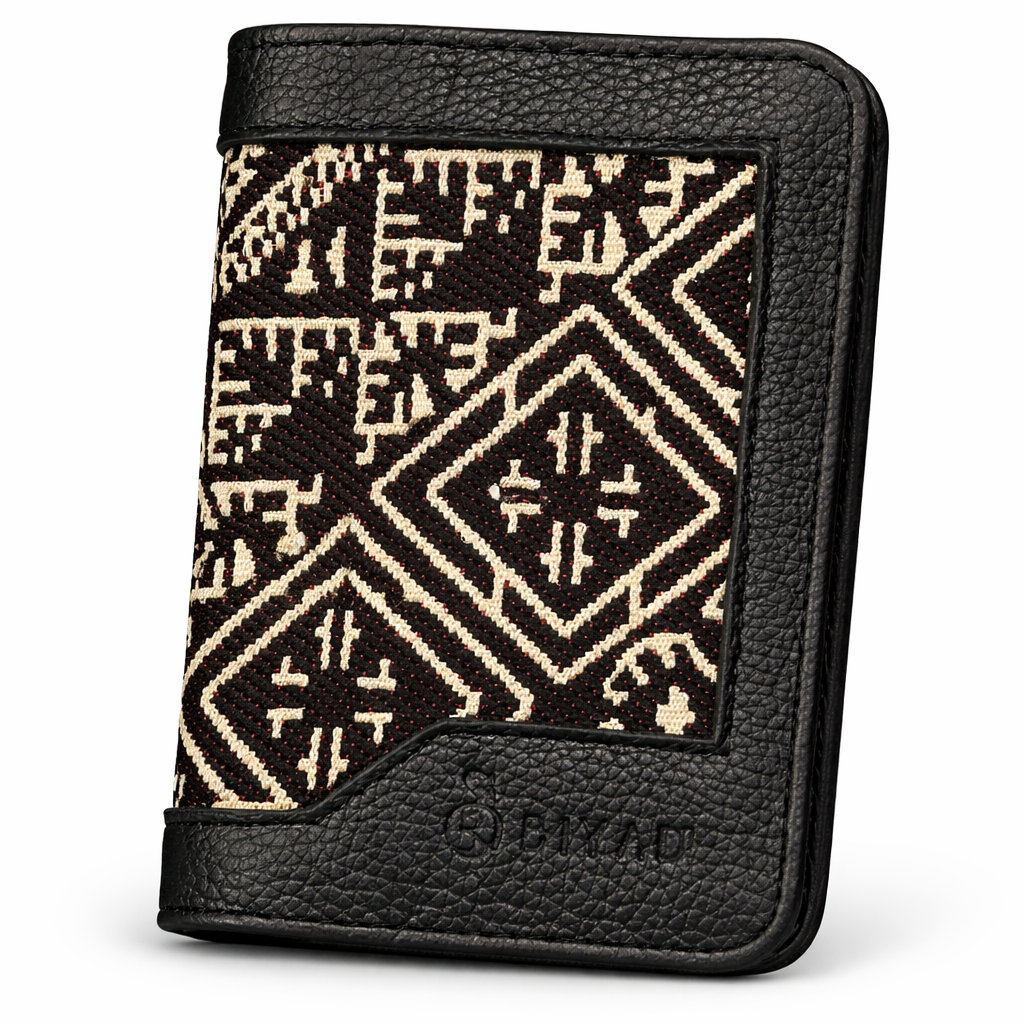 Porte-passeport noir en tissu marocain tissé avec finitions en cuir noir - Biyadi Collection