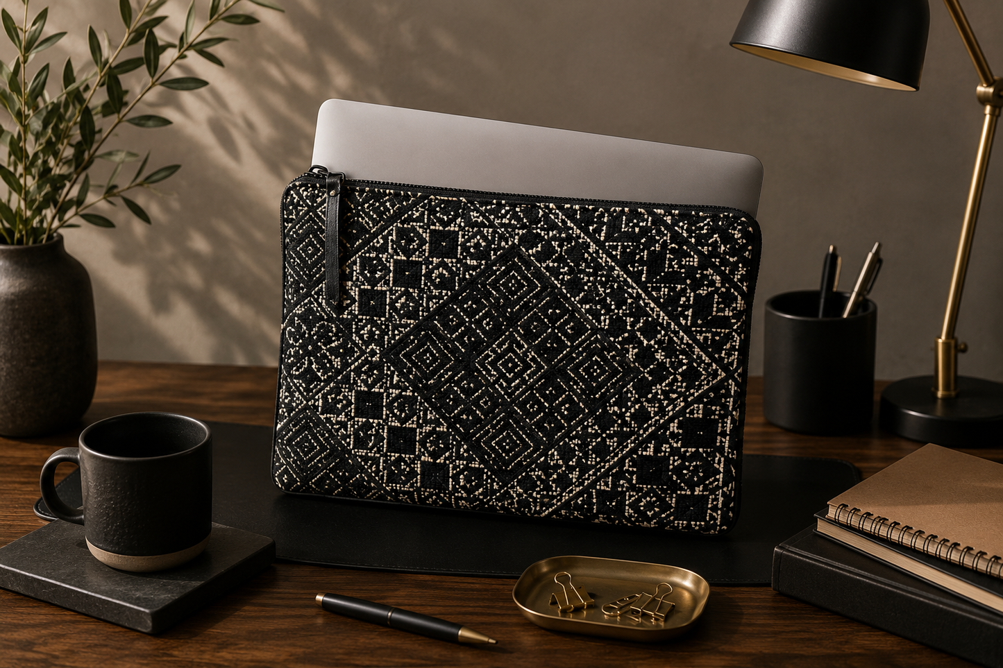 Porte-PC Biyadi Collection en tissu marocain tissé présenté dans une ambiance de bureau élégante.