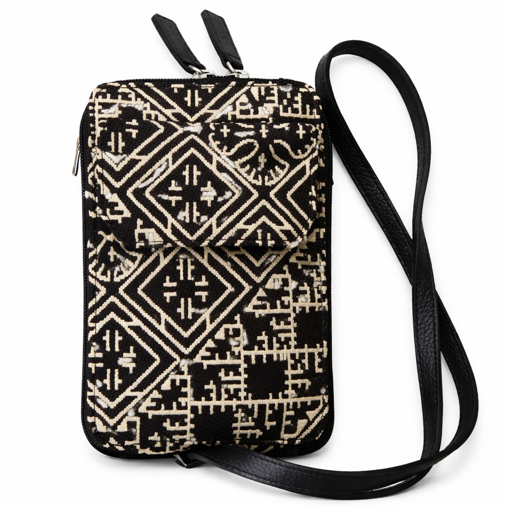 Porte téléphone bandoulière en tissu marocain noir et blanc avec finitions en cuir noir, fabriqué au Maroc