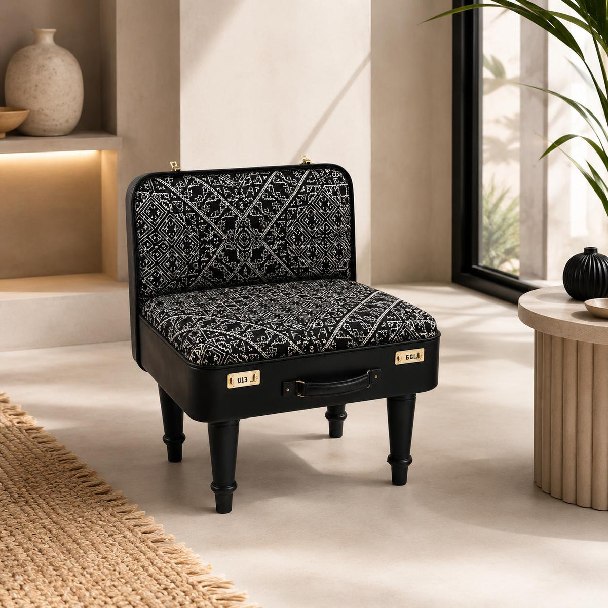 Pouf valise noir en tissu Tarz marocain dans un intérieur contemporain et lumineux, création Biyadi Collection.