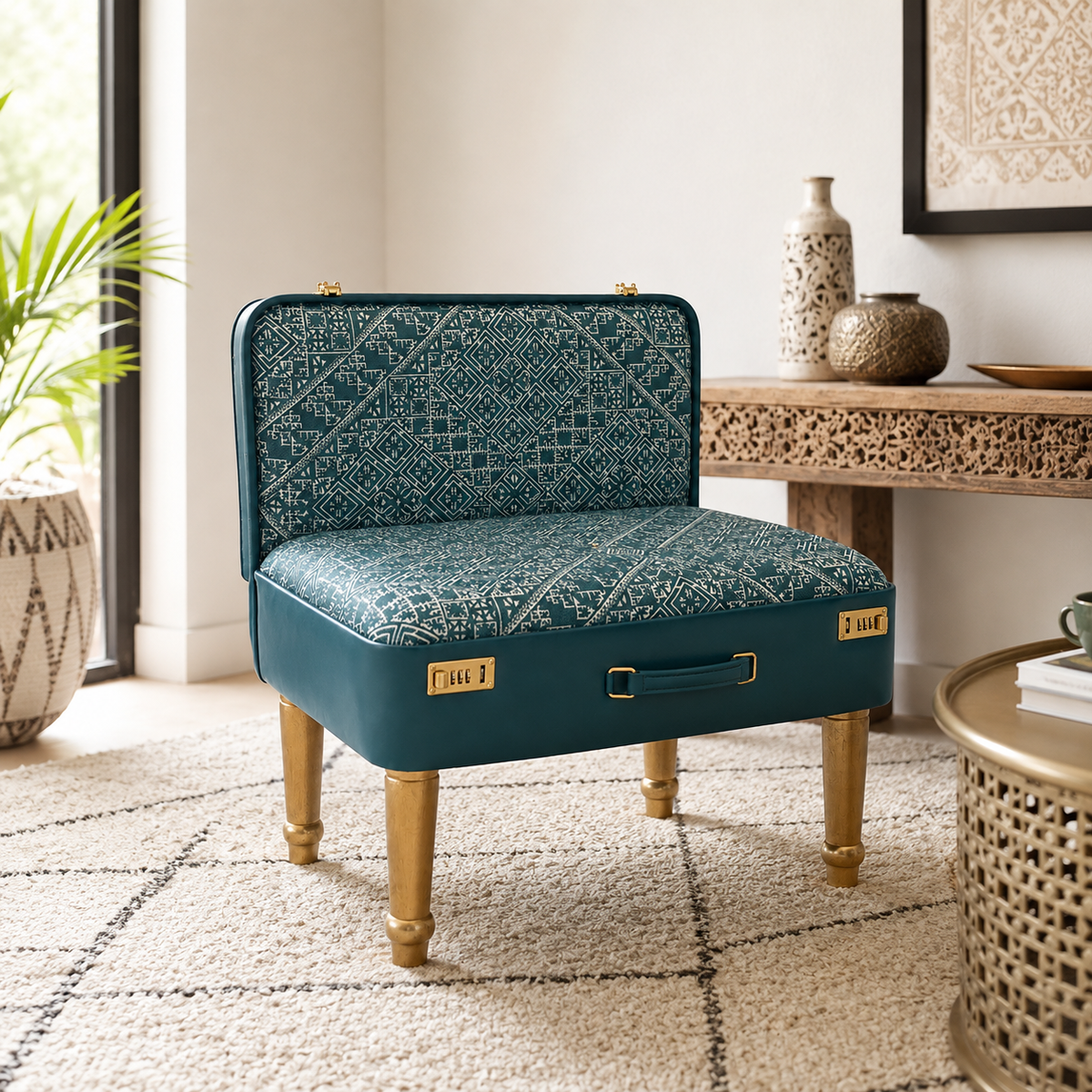 Pouf valise vert en tissu Tarz marocain dans un intérieur contemporain aux tons naturels, création Biyadi Collection.