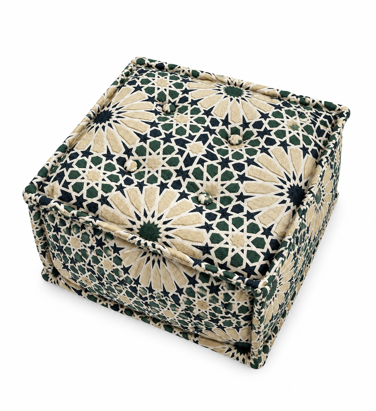 Pouf carré Zellij Émeraude en tissu tissé au Maroc, motif inspiré du zellije marocain, idéal pour une décoration intérieure élégante et contemporaine.