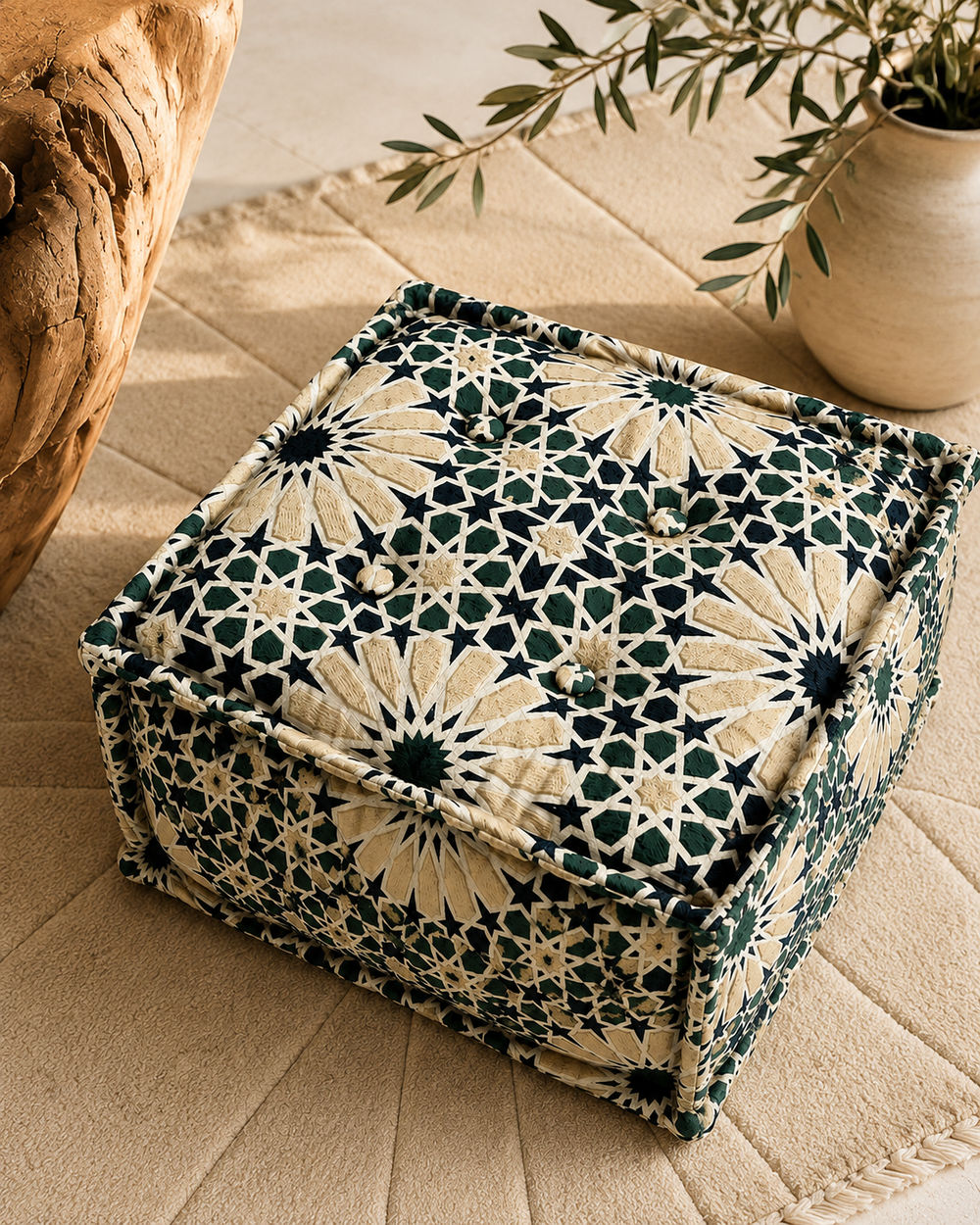 Pouf Zellij Émeraude fait main en tissu tissé au Maroc, motif inspiré du zellige marocain, idéal pour un salon élégant et une décoration intérieure contemporaine.