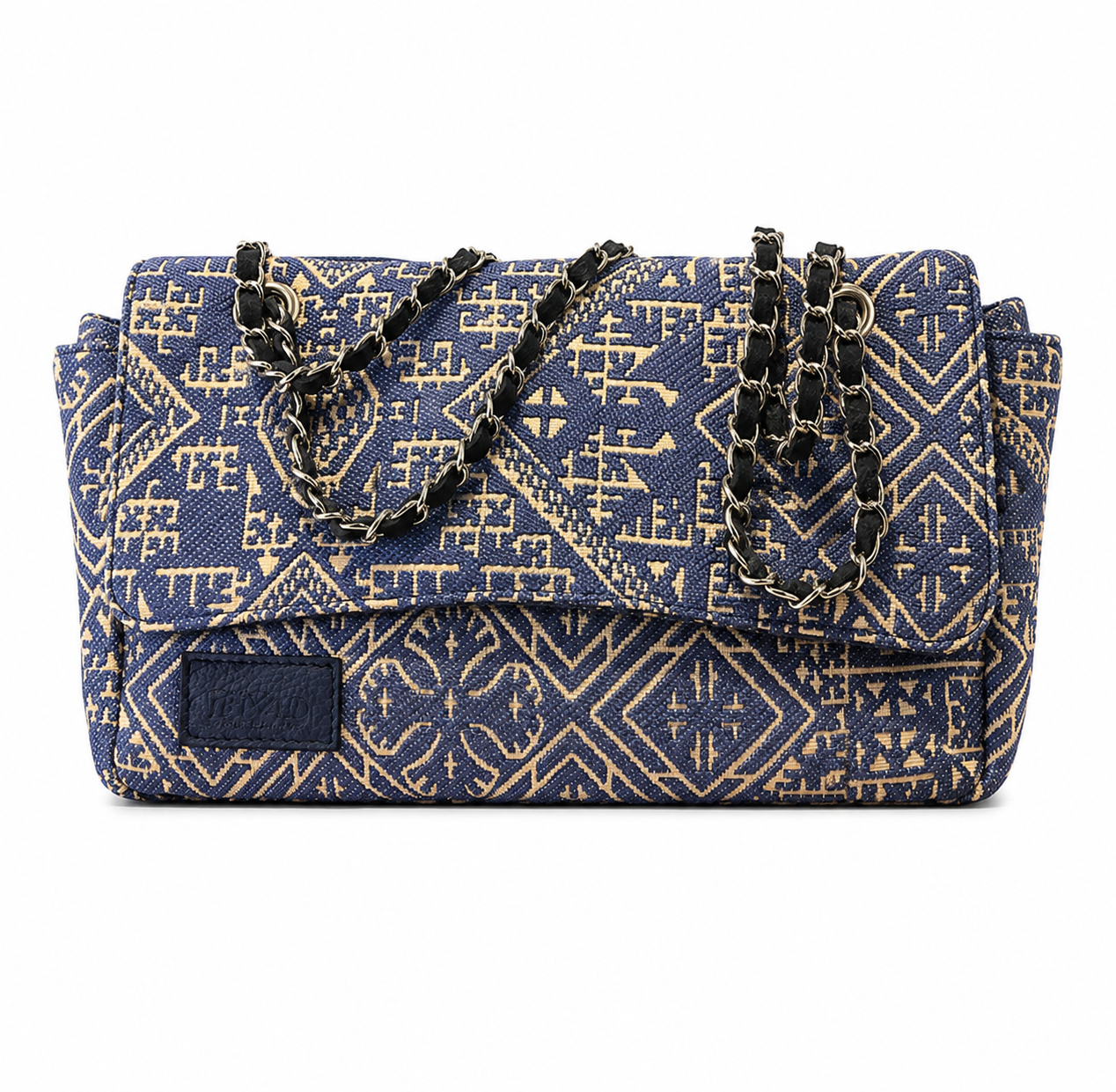 Sac à bandoulière bleu en tissu marocain à motif inspiré de la broderie de Fès avec chaîne amovible