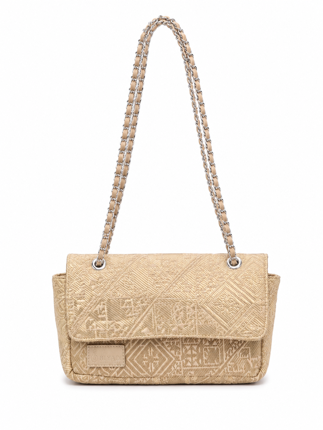 Sac à bandoulière gold  en tissu marocain à motif inspiré de la broderie de Fès avec chaîne amovible