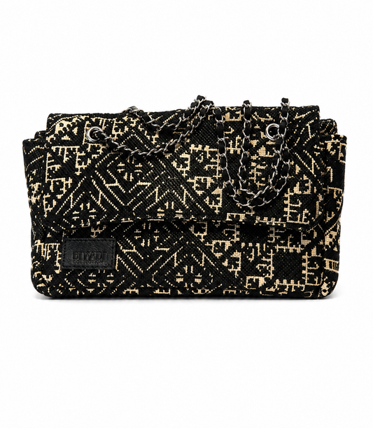 Sac à bandoulière noir en tissu marocain à motif inspiré de la broderie de Fès avec chaîne amovible