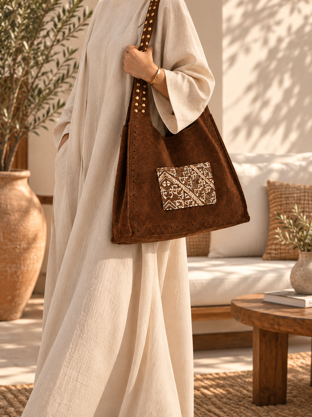Sac cabas marron Biyadi Collection porté à l’épaule par une femme vêtue d’une robe longue et ample écrue, avec détails dorés et poche extérieure en tissu marocain à motifs géométriques, dans une ambiance chic et naturelle.