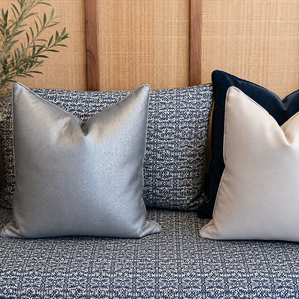 Salon avec  coussins décoratifs bleu marine, argent et écru sur tissu à motif oriental bleu et blanc. Ensemble élégant pour salon moderne et décoration raffinée.