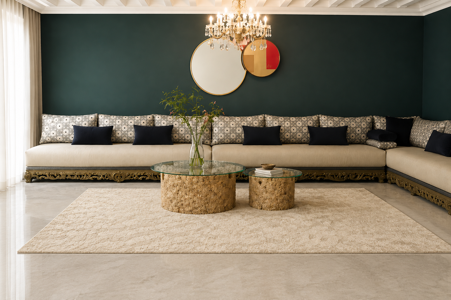 Salon marocain contemporain avec tissu Zellij vert et bleu tissé au Maroc.