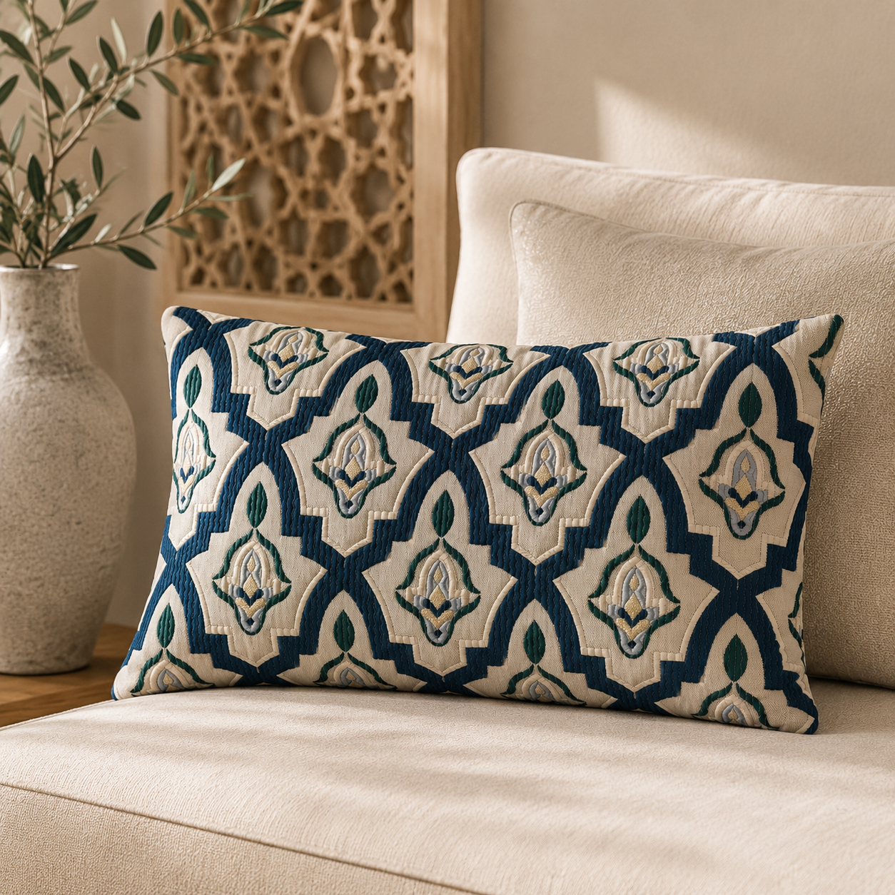 Coussin décoratif confectionné avec un tissu arabesque (Zellij)  bleu pétrole, vert et ivoire tissé au Maroc, présenté sur un canapé beige dans une ambiance élégante et contemporaine.