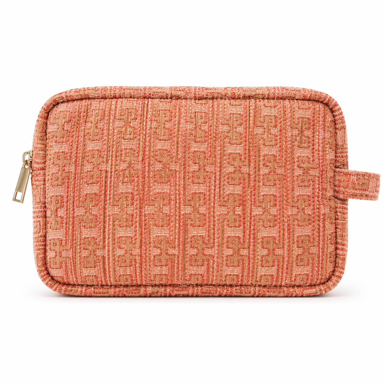 Trousse de beauté corail à motif géométrique tissé ton sur ton, élégante et pratique pour ranger maquillage, accessoires et essentiels du quotidien, création Biyadi Collection.