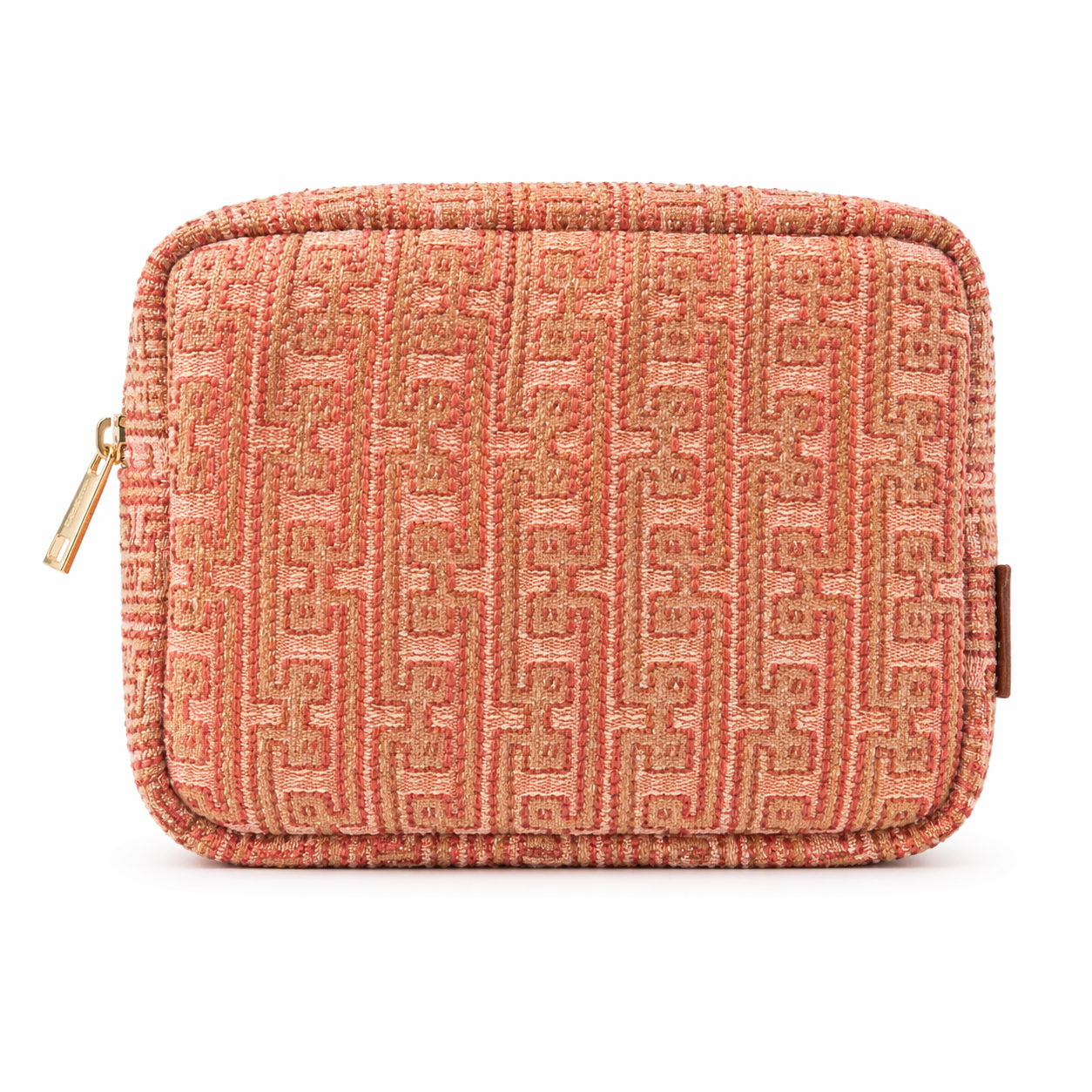 Trousse de beauté corail à motif géométrique tissé ton sur ton, élégante et pratique pour ranger maquillage, accessoires et essentiels du quotidien, création Biyadi Collection.