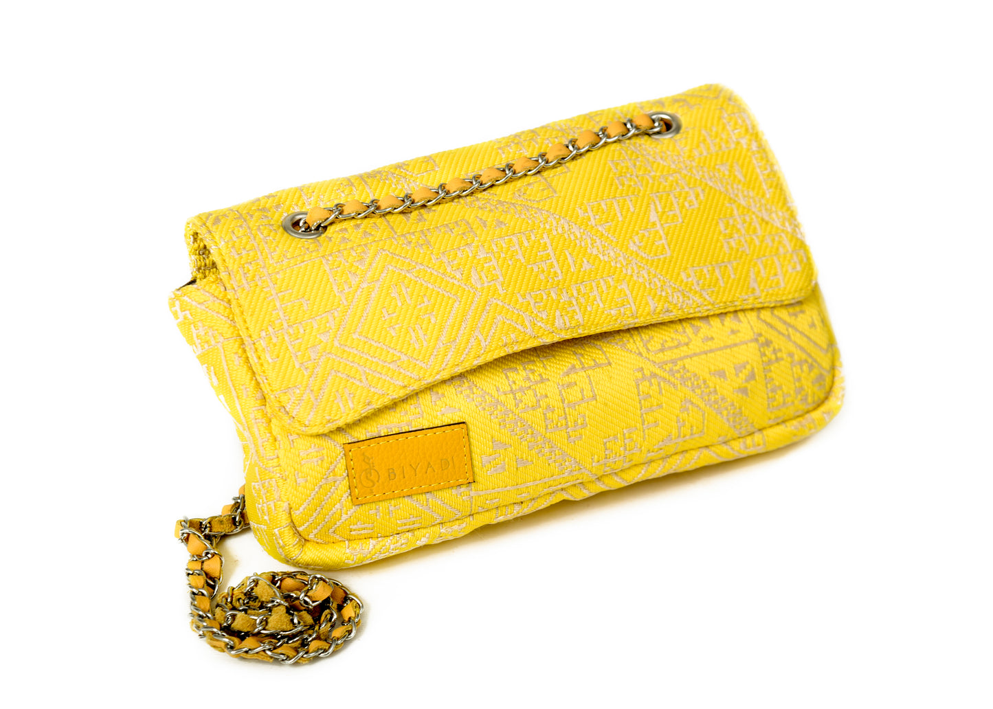 Sac à bandoulière jaune en tissu marocain à motif inspiré de la broderie de Fès avec chaîne amovible